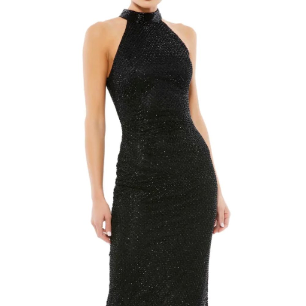 MAC DUGGAL 5531 EMBELLISHED HALTER NECK BLACK SHEATH DRESS sz 8